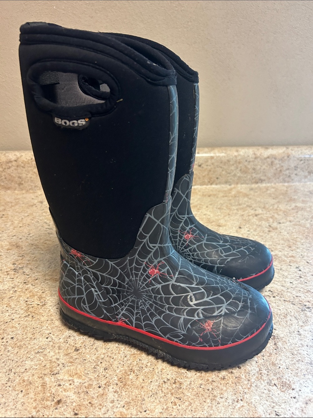 Bogs Kids Black & Gray Spider-Web Rain Boots with Red Accents